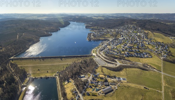 Aerial view, Lake Sorpe with dam, Langscheid, Sundern, Sauerland, North Rhine-Westphalia, Germany,