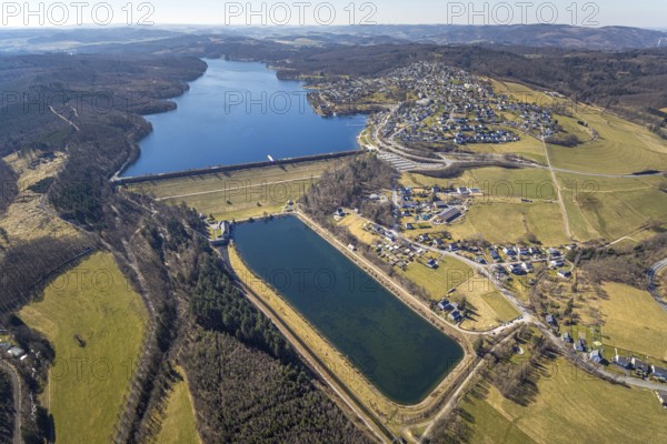 Aerial view, Lake Sorpe, dam wall and equalising reservoir, view of Langscheid, Hachen, Sundern,