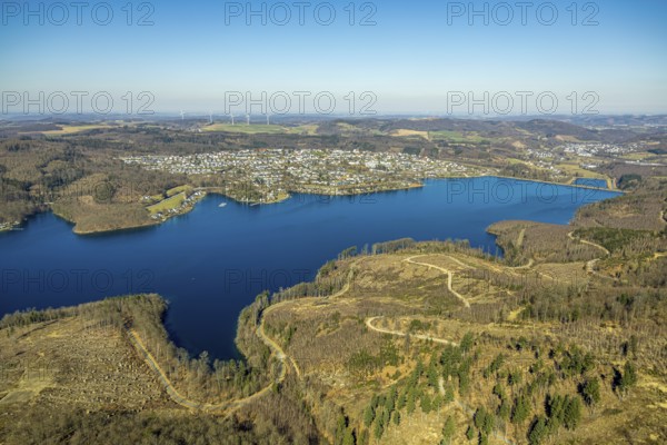 Aerial view, Sorpesee, forest area with forest damage, Langscheid, Sundern, Sauerland, North