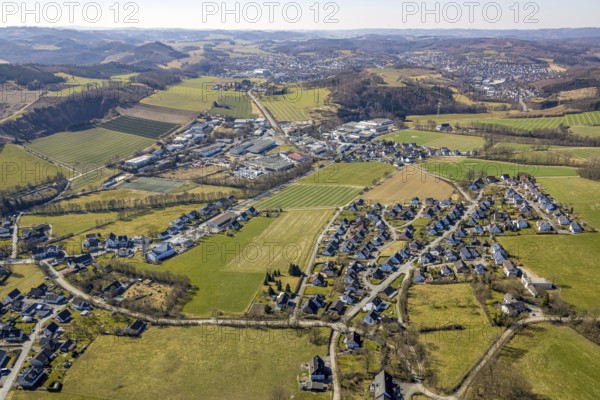 Aerial view, residential area and commercial area local view Westenfeld, Sundern, Sauerland, North