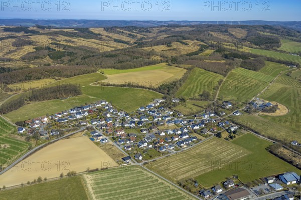 Aerial view, residential area local view district Bainghausen, surrounded by meadows and fields,