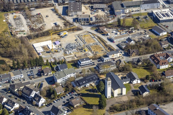 Aerial view, construction site at Ewiger Weg, Christkönigkirche Sundern, residential area