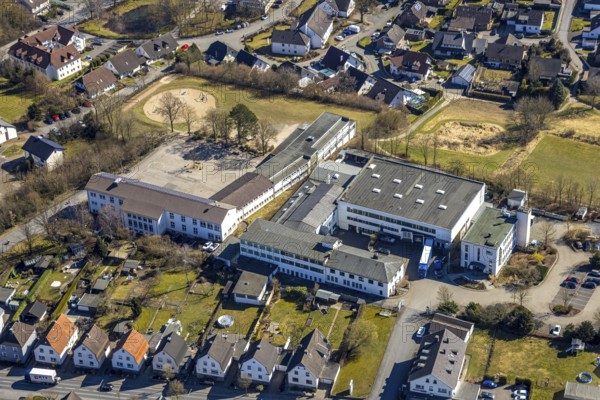 Aerial view, Marien-Grundschule with schoolyard, Sundern, Sauerland, North Rhine-Westphalia,