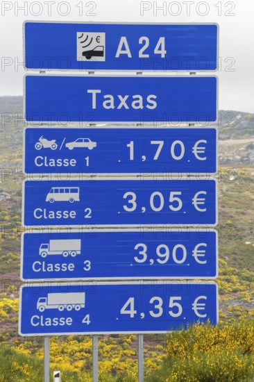 Tolls on the Portuguese motorways, road sign, MondrÃµes, Vila Real district, Portugal, Europe,