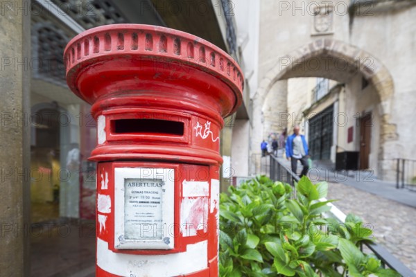 Red letterbox column, Coimbra, Coimbra district, Portugal, Europe, aerial view, birds-eyes view,