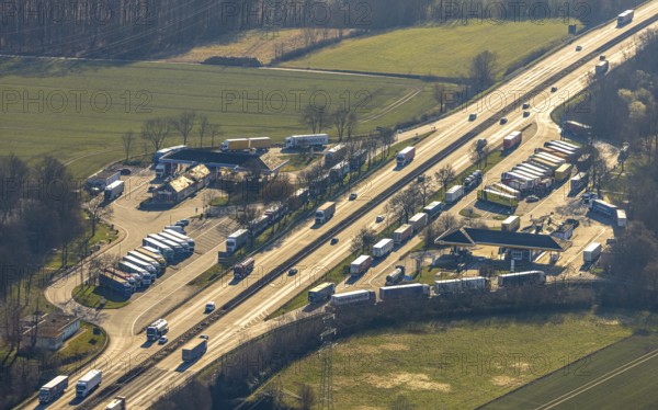 Aerial view, Serways service area Soester Börde on the A44 motorway, truck parking, Müllingsen,