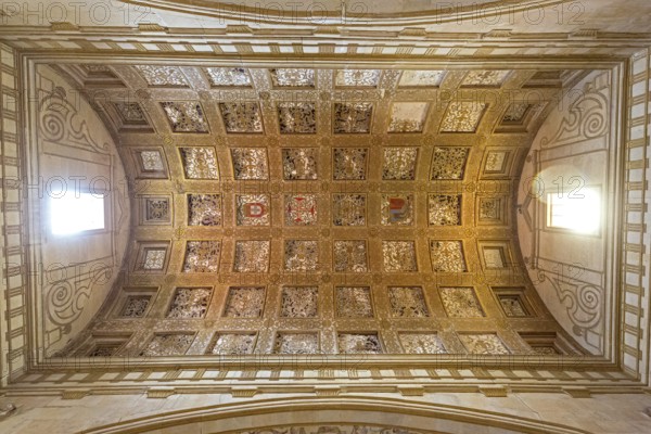 Hall with coffered ceiling and flag of historical Portugal, Fortress of Tomar, Castle of the