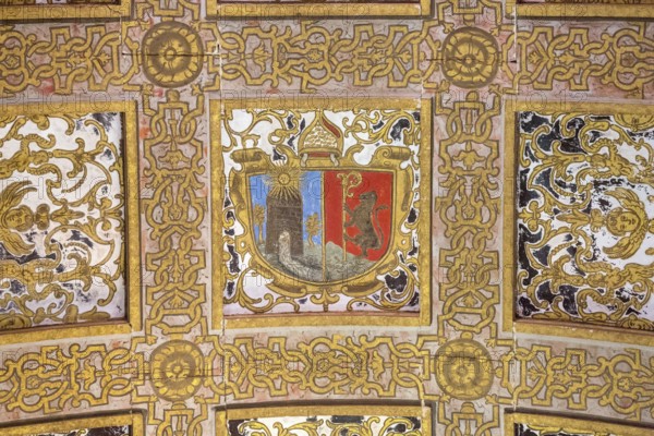 Hall with coffered ceiling and flag of historical Portugal, Fortress of Tomar, Castle of the
