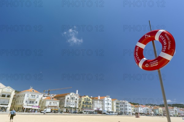 Lifebuoy on the Atlantic beach of Nazare, Nazaré, Leiria district, Portugal, Europe, Nazaré, aerial