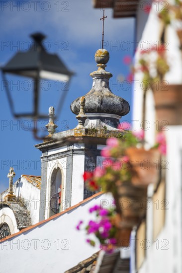 Picturesque facades with primroses and flower pots, picturesque small town Obidos, Ãbidos, district