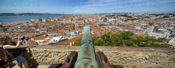 Medieval cannon, view from the castle Castelo de São Jorge to the old town of Lisbon, Lisbon,