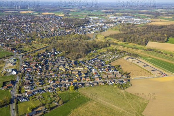 Aerial view, construction site and building area Josef-Lüffe-Park, new residential area, allotment