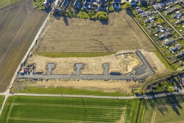 Aerial view, construction site and building area Josef-Lüffe-Park, new residential area, allotment
