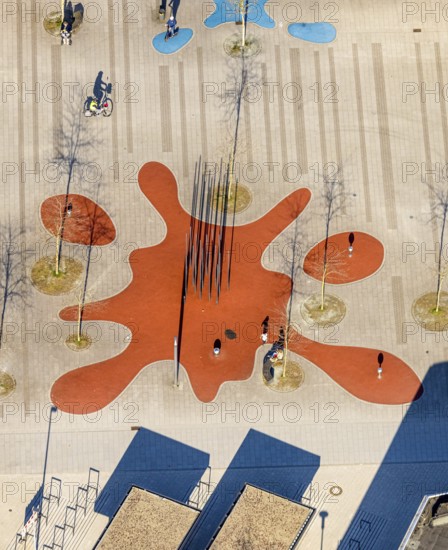 Aerial view, Campusplatz Süd with ground painting and resting places, Selm, Münsterland, North