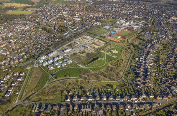 Aerial view, Living at Auenpark, Building area with new housing estate, Selm, Münsterland, North