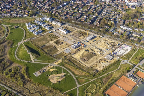Aerial view, Living at Auenpark, Building area with new housing estate, Selm, Münsterland, North