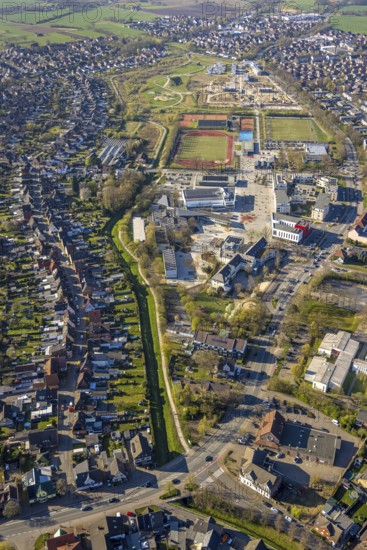 Aerial view, Auenpark with campus, grammar school, sports centre Sparkassen Arena and living at