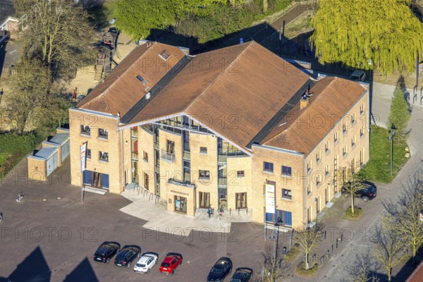 Aerial view, community centre and adult education centre VHS in the town centre, bycatch, Selm,