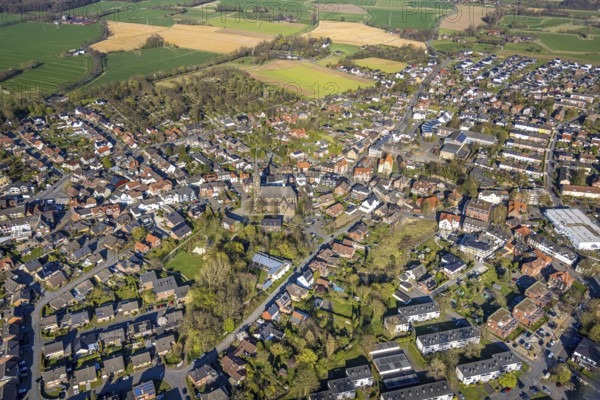 Aerial view, catholic parish church St. Ludger in the town centre residential area, Selm,