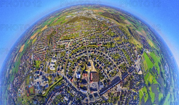 Aerial view, residential area, view of Selm, centre of Selm, earth globe, fisheye shot, 360 degree