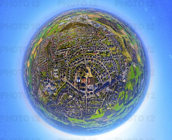 Aerial view, residential area, view of Selm, centre of Selm, earth globe, fisheye shot, 360 degree