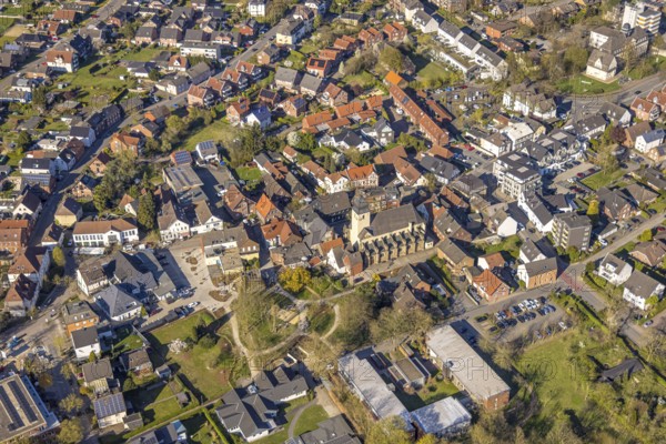 Aerial view, catholic St. Stephanus Kirche im Ortszentrum, Wohngebiet und Stephanuspark, Bork,