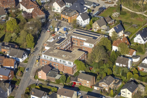 Aerial view, construction site new building Caritas senior centre at the old market, Zum Nierfeld,