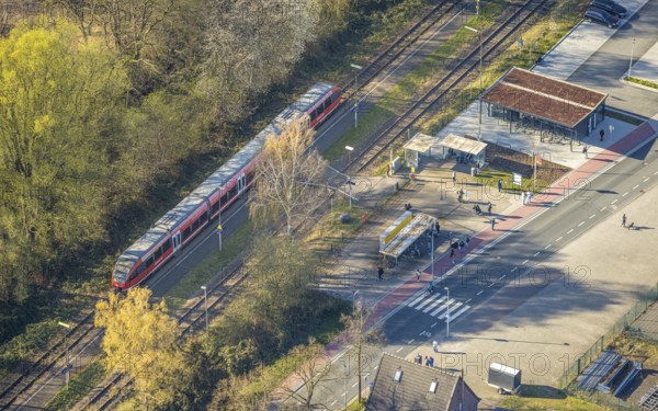Aerial view, Bork station, S-Bahn and platform, Bork, Selm, Münsterland, North Rhine-Westphalia,