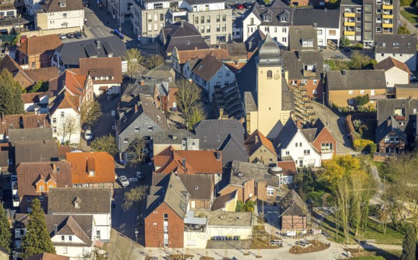 Aerial view, St. Stephanus Catholic Church in the town centre, residential area and view of Bork,