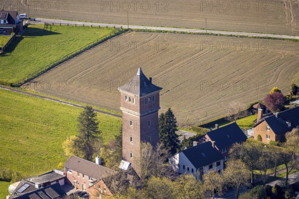 Aerial view, water tower in Cappenberg, rectangular water tower in brick construction, Selm,