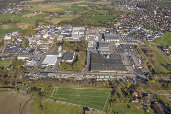 Aerial view, industrial area with construction site at the railway station at Bahnhofstraße, Bork,