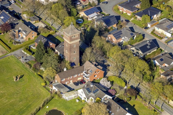 Aerial view, water tower in Cappenberg, rectangular water tower in brick construction, Selm,