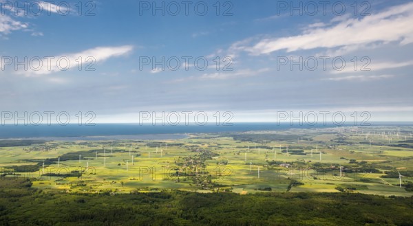 Wind farm, wind power plants, fields, forests, Szczeglino, Steglin, Baltic Sea coast, Województwo