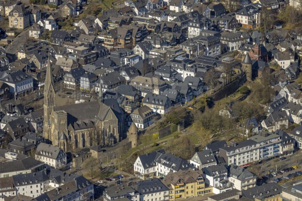 Aerial view, catholic church St. Martinus, city wall with angel tower and witch tower, evang.