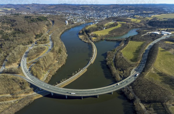 Aerial view, Biggesee with forest area, Obersee with bridge Landesstraße L512, curved bridge