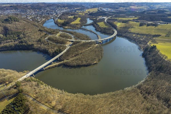 Aerial view, Biggesee with forest area, Obersee with bridge Landesstraße L512, curved bridge