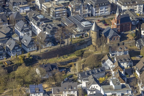 Aerial view, city wall with witch tower, evang. Church Olpe, OT Olpe youth centre and children's