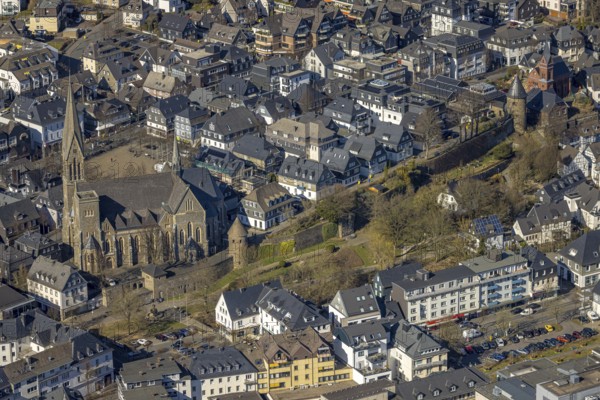 Aerial view, catholic church St. Martinus, city wall with angel tower and witch tower, evang.