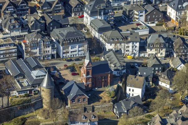 Aerial view, city wall with witch tower, evang. Church Olpe, OT Olpe youth centre and children's