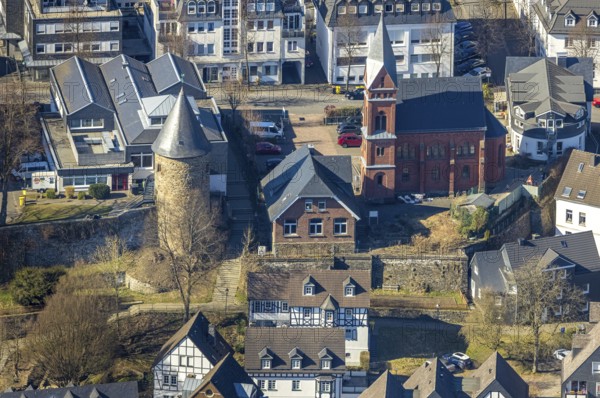 Aerial view, town wall with witch tower and evangelic church Olpe, OT Olpe youth centre and