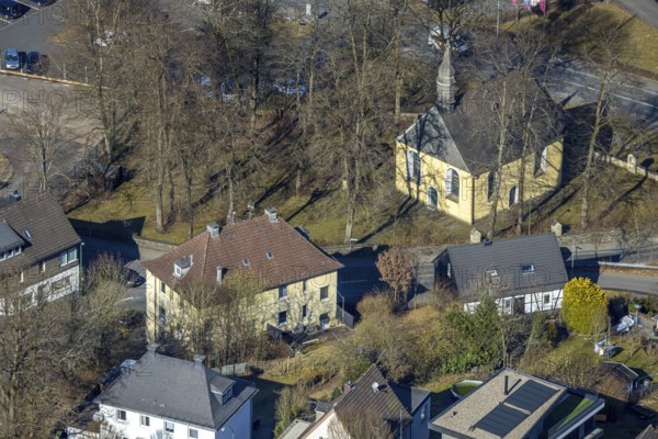 Aerial view, catholic cross chapel Am Bratzkopf, heritage-protected church building, Olpe town,