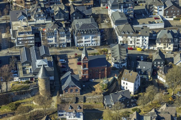 Aerial view, city wall with witch tower, evang. Church Olpe, OT Olpe youth centre and children's