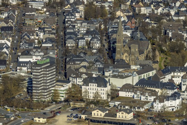Aerial view, former Olpe railway station, left Olpe town hall, Altes Lyzeum (music school) and