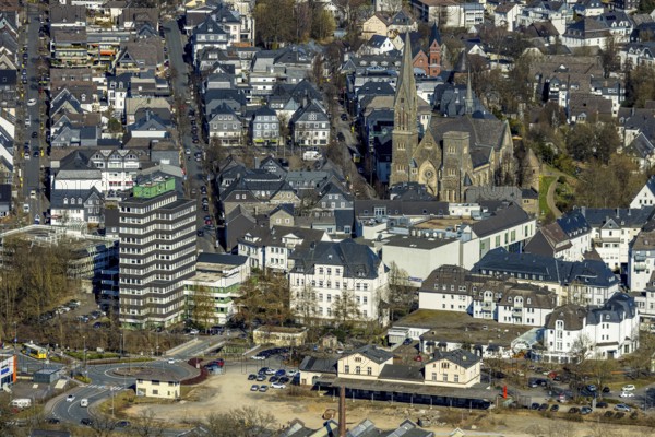 Aerial view, former Olpe railway station, left Olpe town hall, Altes Lyzeum (music school) and