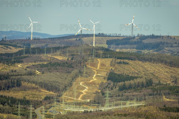 Aerial view, Altenkleusheim substation, wind turbines and distant view, forest area and forest