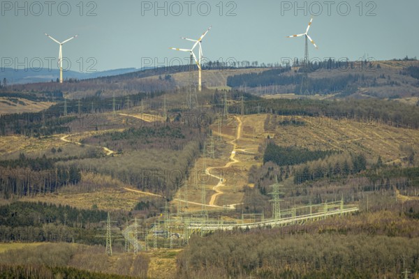 Aerial view, Altenkleusheim substation, wind turbines and distant view, forest area and forest