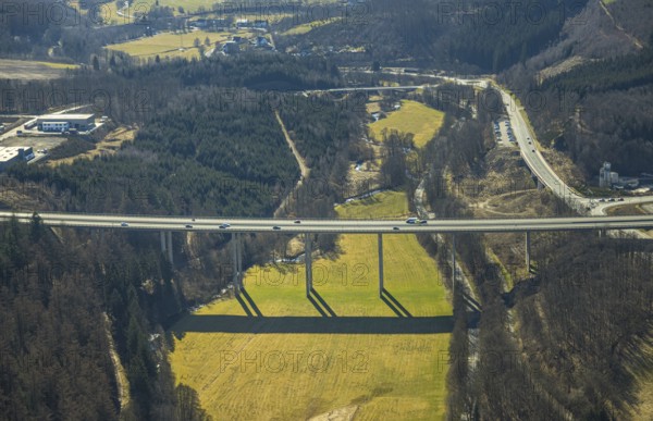 Aerial view, motorway bridge Rosenthal of the A45 Sauerlandlinie, junction Olpe, Olpe-Stadt, Olpe,