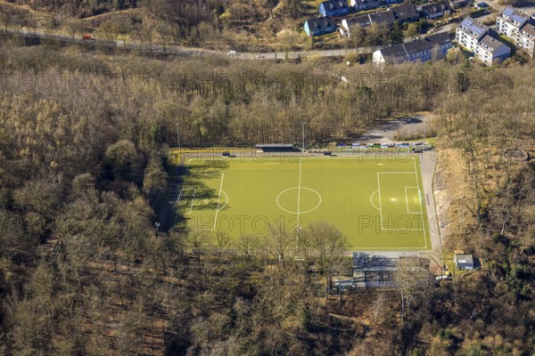 Aerial view, sports field Am Brasberg football stadium in the forest, Wengern, Wetter, Ruhr area,