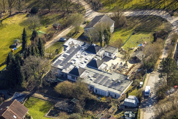 Aerial view, AWO sub-district Ennepe-Ruhr day-care centre with solar roof, Wengern, Wetter, Ruhr