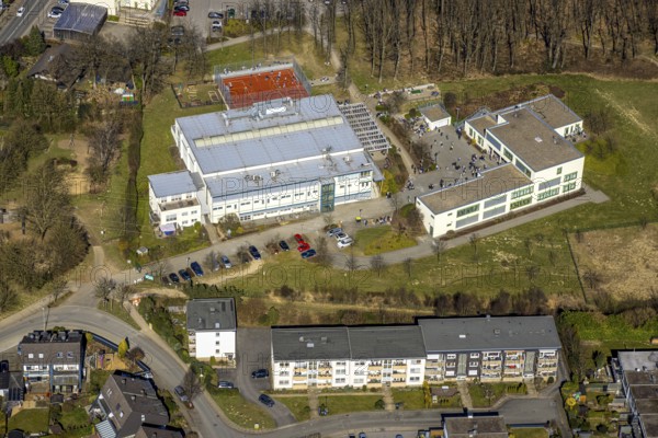 Aerial view, Georg-Müller-Schule comprehensive school with schoolyard and pupils, red football
